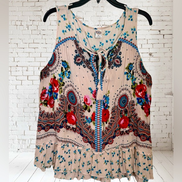 BILA BOHO TOP. MADE IN INDIA. SLEEVELESS RUFFLED EMBROIDERED TOP. EXCELLENT COND - Picture 2 of 14
